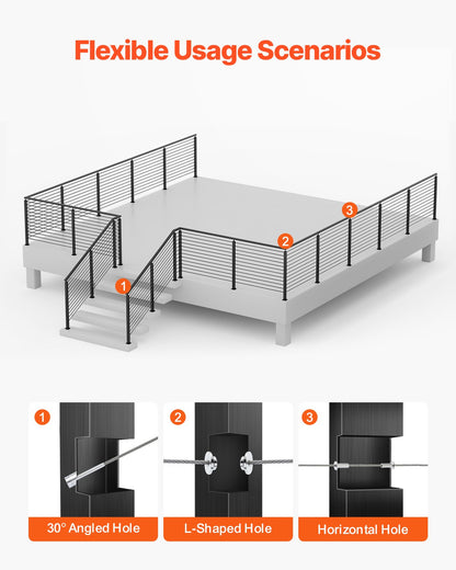 4-Pack Cable Railing Post, 42x1x2 In Horizontal-Hole Deck Railing Post with Pre-Drilled Holes, Stainless Steel Cable Rail Post with Horizontal and Curved Bracket, Black, 4JZLGZXHS106REP67001V0