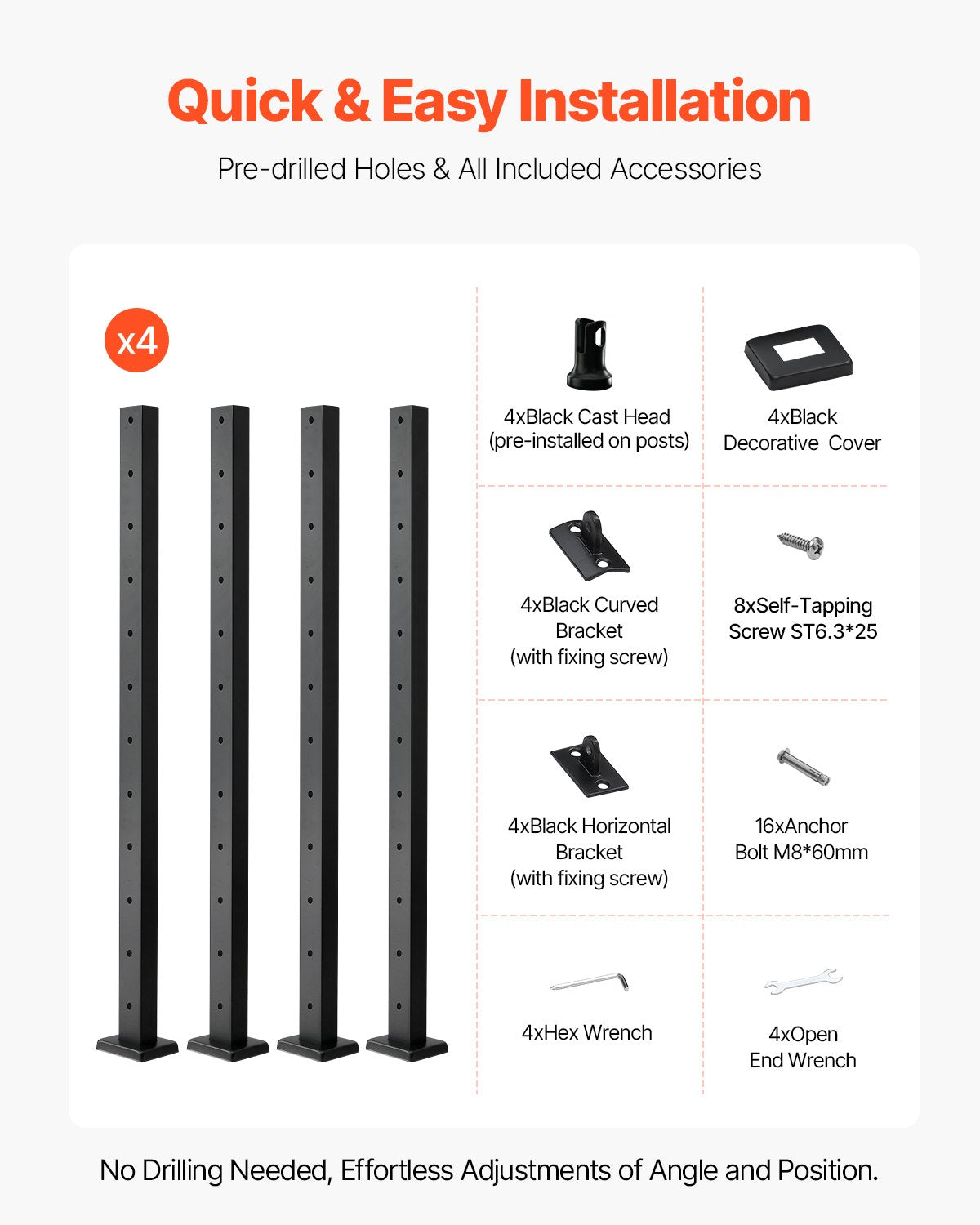 4-Pack Cable Railing Post, 42x1x2 In Horizontal-Hole Deck Railing Post with Pre-Drilled Holes, Stainless Steel Cable Rail Post with Horizontal and Curved Bracket, Black, 4JZLGZXHS106REP67001V0