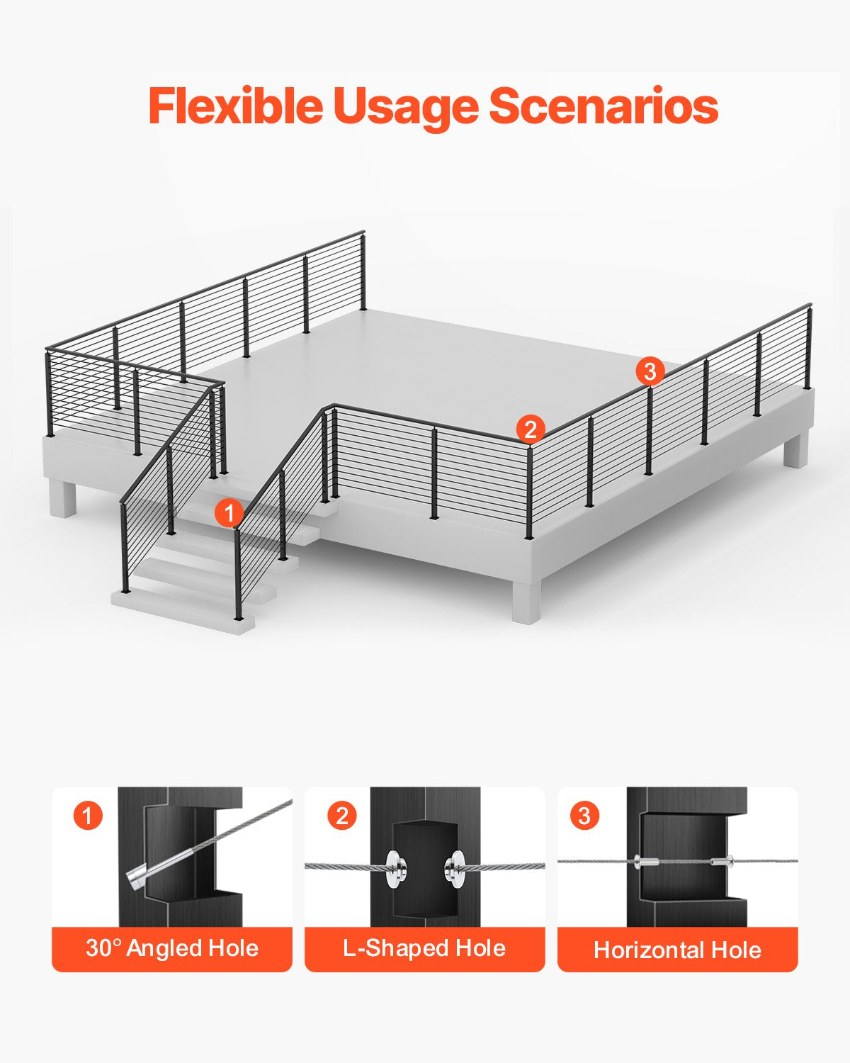 4-Pack Cable Railing Post, 42x2x2 In Horizontal-Hole Deck Railing Post with Pre-Drilled Holes, Stainless Steel Cable Rail Post with Horizontal and Curved Bracket, Black, 4JZLGZXHS106URZU0001V0