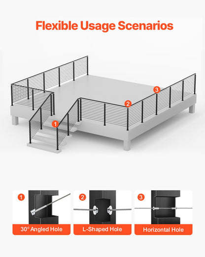 4-Pack Cable Railing Post, 42x2x2 In Horizontal-Hole Deck Railing Post with Pre-Drilled Holes, Stainless Steel Cable Rail Post with Horizontal and Curved Bracket, Black, 4JZLGZXHS106URZU0001V0
