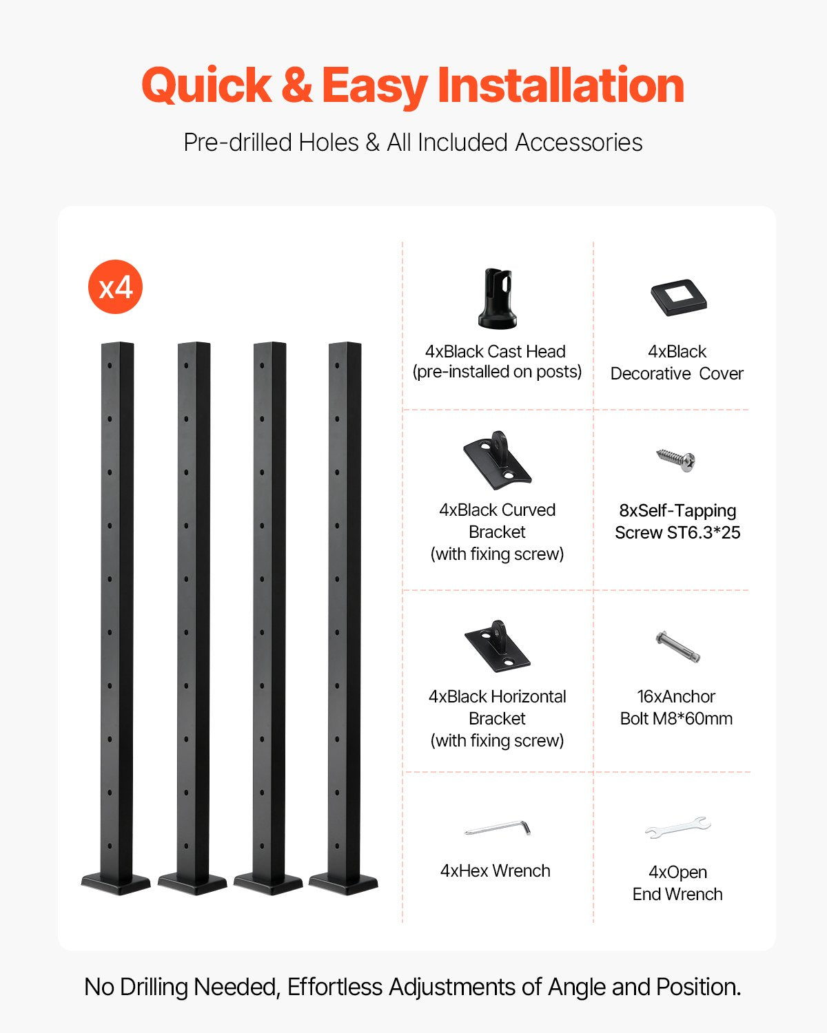 4-Pack Cable Railing Post, 36x2x2 In Horizontal-Hole Deck Railing Post with Pre-Drilled Holes, Stainless Steel Cable Rail Post with Horizontal and Curved Bracket, Black, 4JZLGZXHS914MY65M001V0