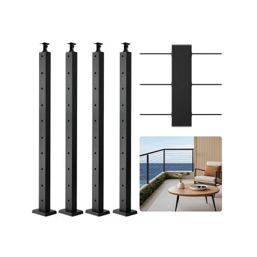 4-Pack Cable Railing Post, 36x1x2 In Horizontal-Hole Deck Railing Post with Pre-Drilled Holes, Stainless Steel Cable Rail Post with Horizontal and Curved Bracket, Black, 4JZLGZXHS914UUOI6001V0