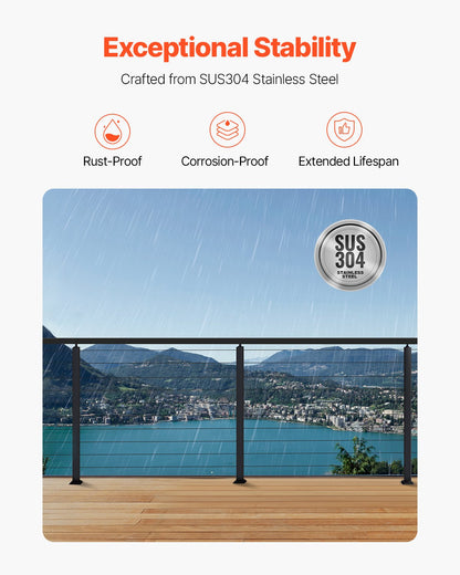 4-Pack Cable Railing Post, 36x1x2 In Horizontal-Hole Deck Railing Post with Pre-Drilled Holes, Stainless Steel Cable Rail Post with Horizontal and Curved Bracket, Black, 4JZLGZXHS914UUOI6001V0