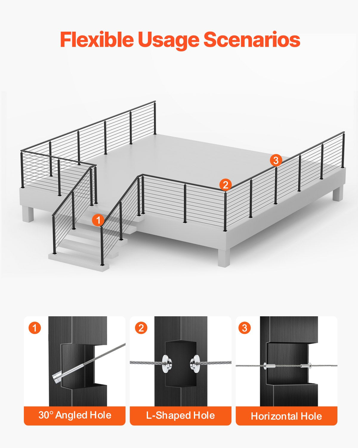 4-Pack Cable Railing Post, 36x1x2 In Horizontal-Hole Deck Railing Post with Pre-Drilled Holes, Stainless Steel Cable Rail Post with Horizontal and Curved Bracket, Black, 4JZLGZXHS914UUOI6001V0