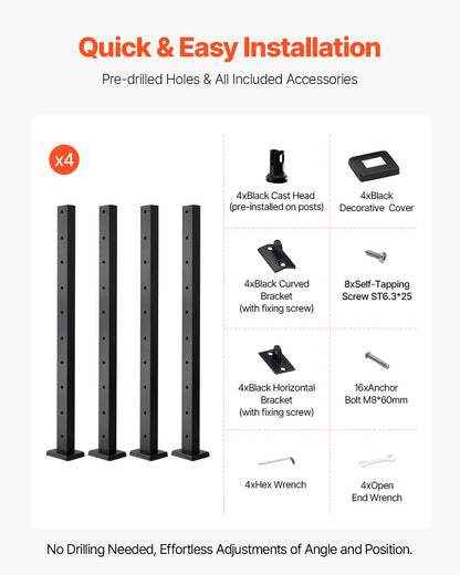 4-Pack Cable Railing Post, 36x1x2 In Horizontal-Hole Deck Railing Post with Pre-Drilled Holes, Stainless Steel Cable Rail Post with Horizontal and Curved Bracket, Black, 4JZLGZXHS914UUOI6001V0
