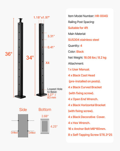 4-Pack Cable Railing Post, 36x1x2 In Horizontal-Hole Deck Railing Post with Pre-Drilled Holes, Stainless Steel Cable Rail Post with Horizontal and Curved Bracket, Black, 4JZLGZXHS914UUOI6001V0