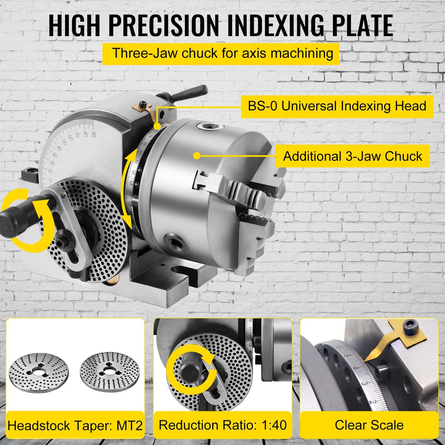 BS-0 Precision Dividing Head, Horizontal Dividing Head with 3-Jaw Chuck, MT2 Tailstock BS-0 12.7 cm Semi Universal Dividing Head for Milling Machine Mill Gear Cutting