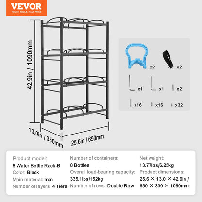 4-våningars vattenkannahållare, 5-gallons vattenflaskhållare, dubbelradig vattenflaskställ för 8 flaskor, kraftig vattenkannaställ för kök, kontor, vardagsrum, svart