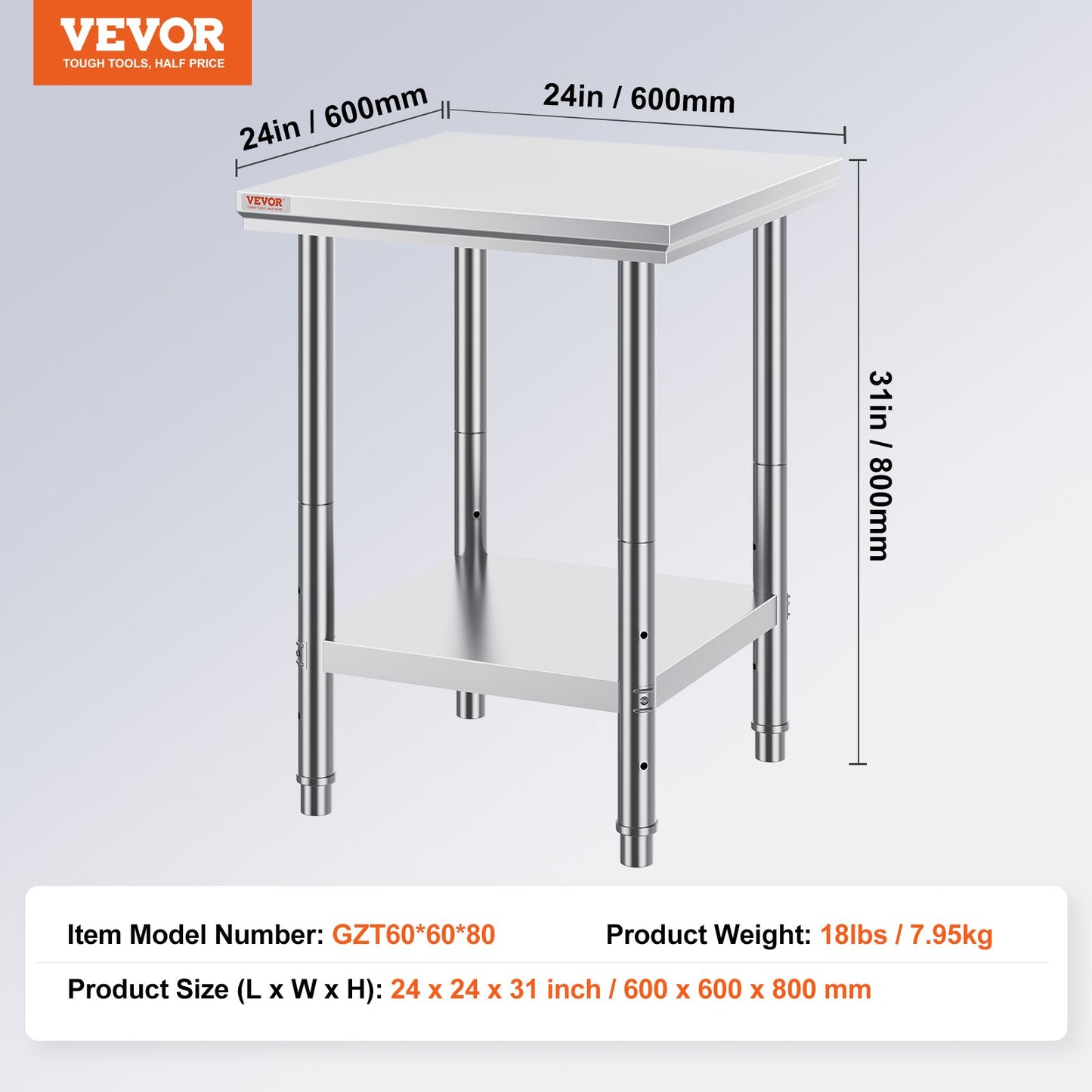 Work Table 24 x 24 x 32 Inches NSF Stainless Steel Work Table for Commercial Kitchen Prep Workbench 60X60X80cm with Lower Shelf Work Table Silvery for Commercial Kitchen Restaurant