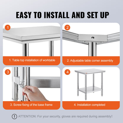 Work Table 24 x 30 x 32 Inches NSF Stainless Steel Work Table for Commercial Kitchen Prep Workbench 60X76X80cm with Lower Shelf Work Table Silvery for Commercial Kitchen Restaurant