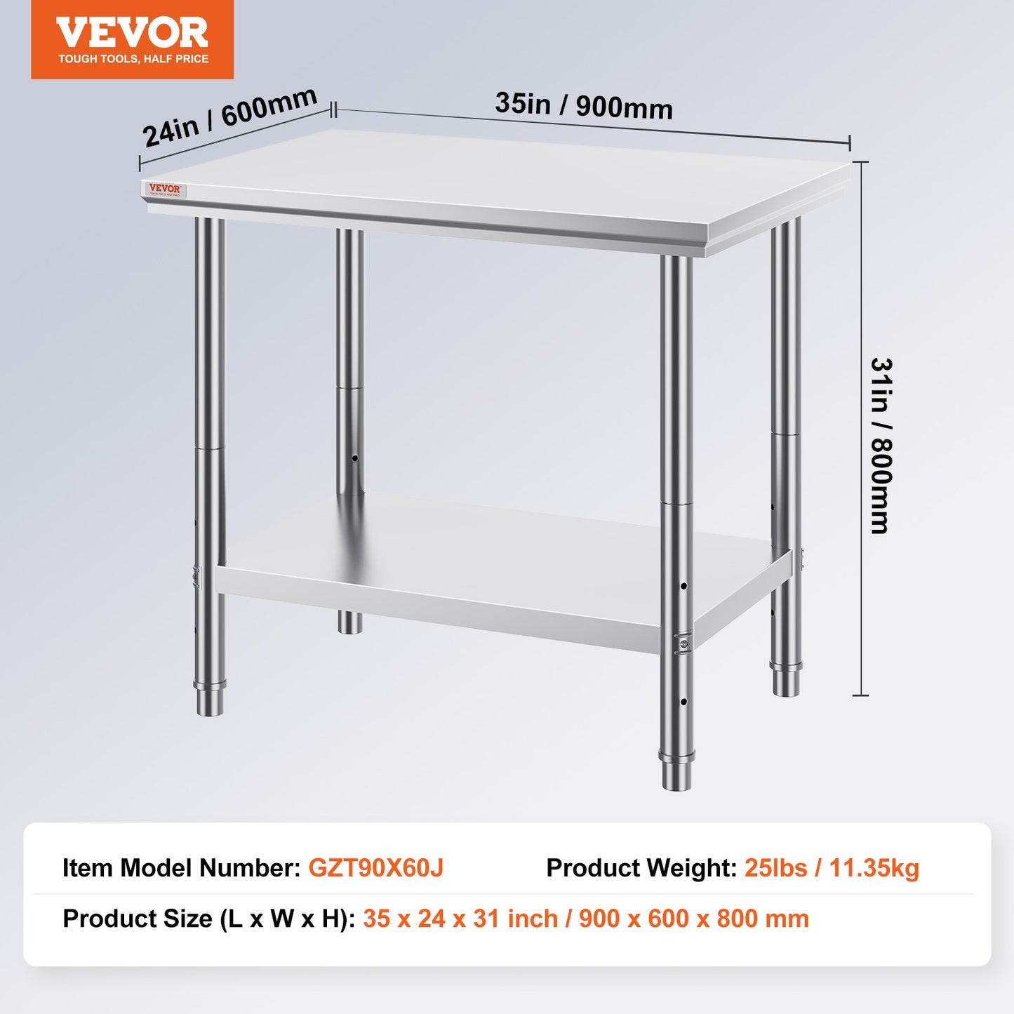 Stainless Steel Prep Table, 900x600x800 mm, 700 lbs Load Capacity, Heavy Duty Metal Worktable with 3 Adjustable Height Levels, Commercial Workstation for Kitchen Garage Restaurant Backyard