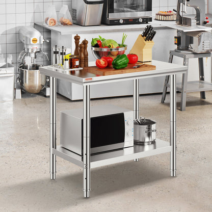 Stainless Steel Prep Table, 900x600x800 mm, 700 lbs Load Capacity, Heavy Duty Metal Worktable with 3 Adjustable Height Levels, Commercial Workstation for Kitchen Garage Restaurant Backyard