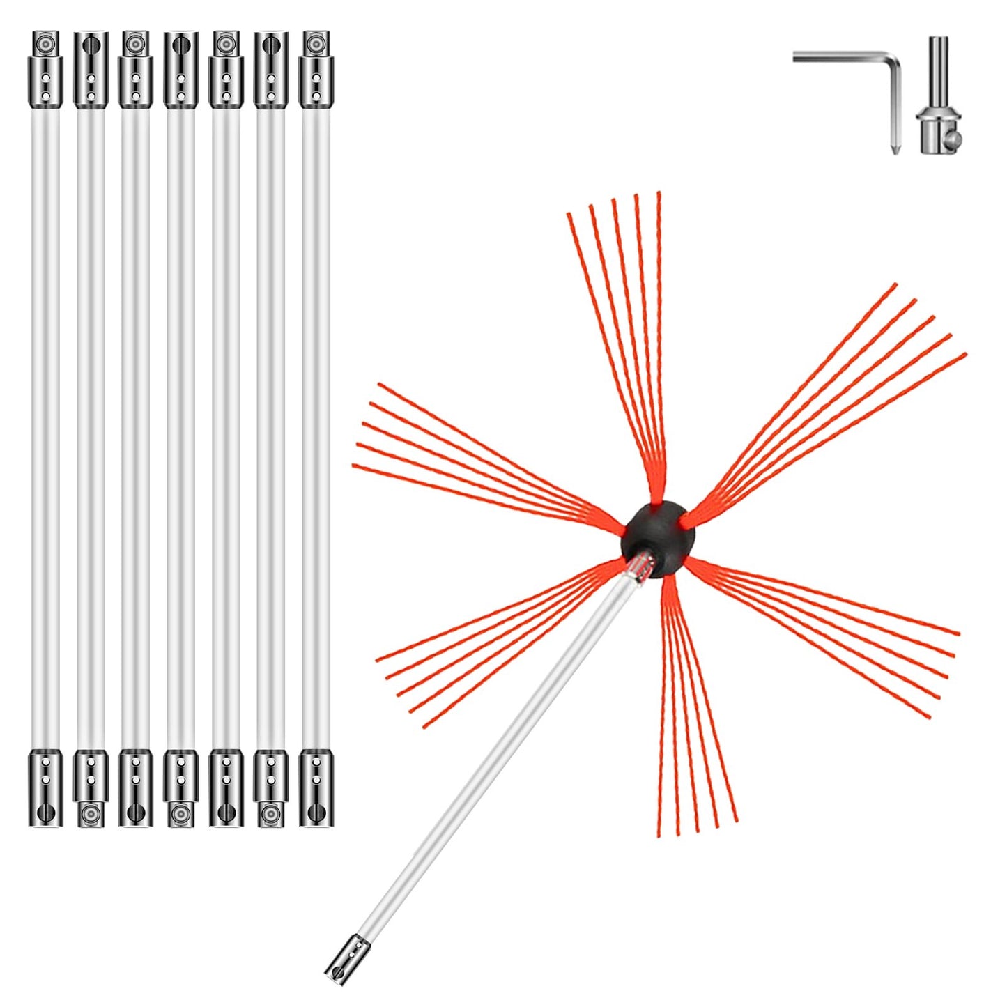 Flexible Chimney Cleaning Rods, 8 m Chimney Sweep Rods, Nylon Sooteater Chimney Cleaning Kit, Flexible Brush Head Chimney Sweeping Rods Easy Connecting Chimney Brush with 8 White Rods