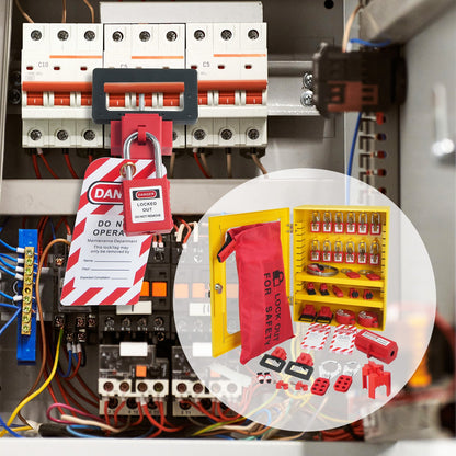 Elektrisk låsningsetikettsats, 59 delar säkerhetslåsningsetikettstation med hänglås, hasper, etiketter, band, kontaktlås, brytarspärrar, ventilspärrar, kabellås, låsväska, låda