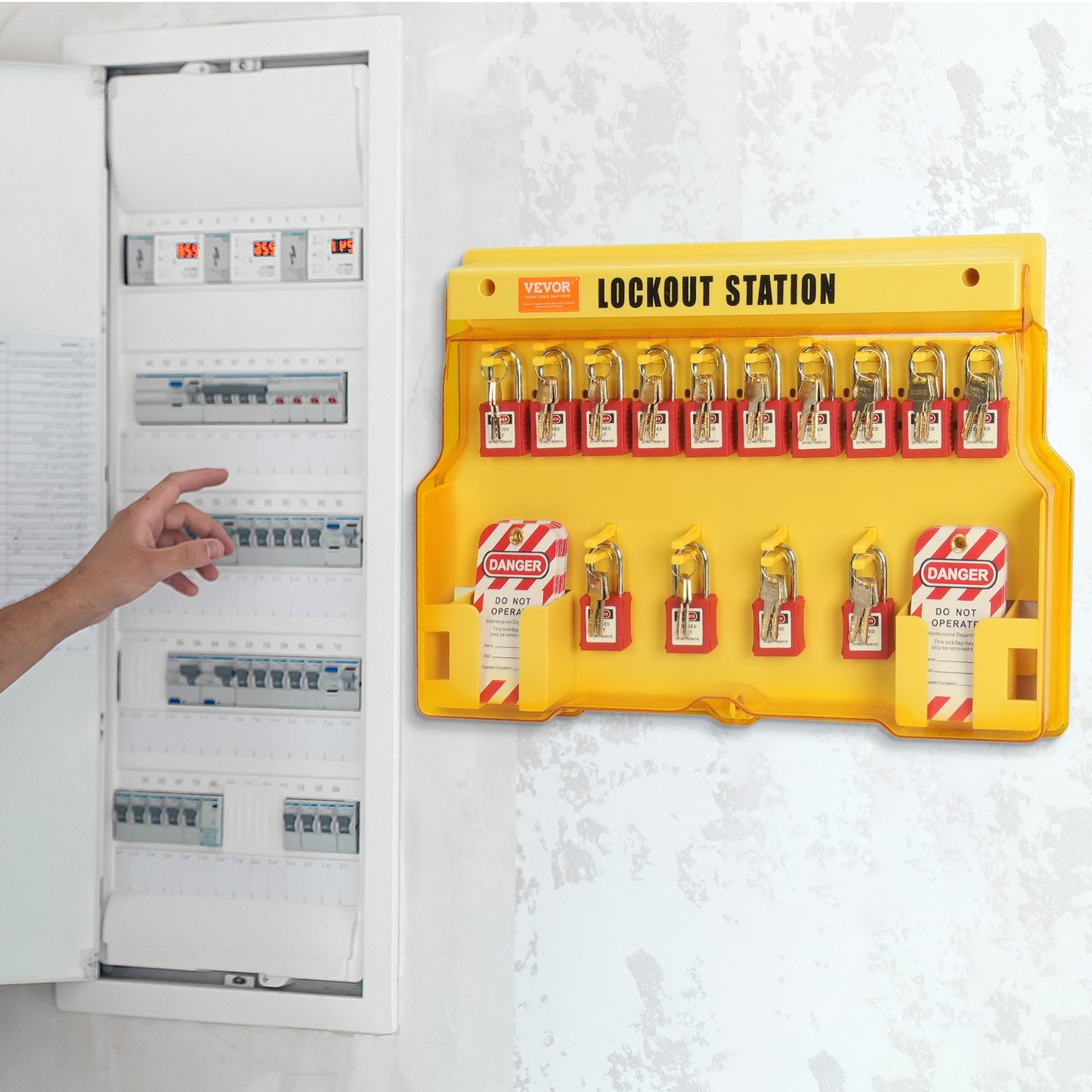 Electrical Lockout Tagout Kit, 60 PCS Safety Lockout Tagout Station Includes Padlocks, Hasps, Tags, Nylon Ties, Expansion Kit, and Lockout Station Board, for Industrial, Electric Power