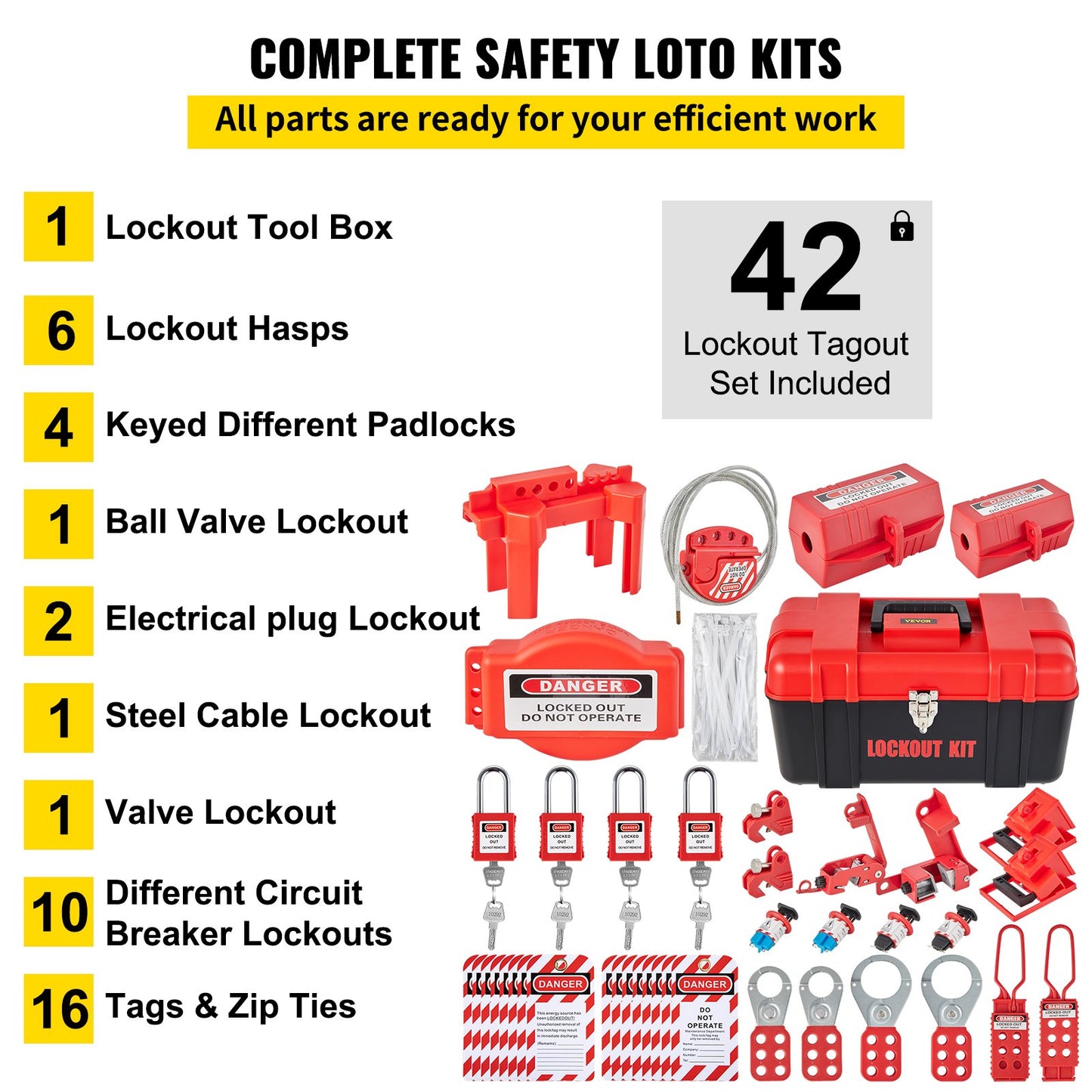 42 PCS Lockout Tagout Kits, Electrical Safety Loto Kit Includes Padlocks, 5 Kinds of Lockouts, Hasps, Tags & Ties, Box, Lockout Safety Tools for Electrical Risk Removal in Industrial, Machinery