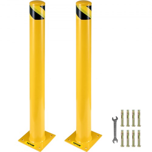 Safety Bollard, 42 Inch Height Bollard Post, 5.5 Inch Diameter Steel Pipe Safety Bollard Post, Yellow Steel Bollard, Steel Safety Bollard with 8 Anchor Bolts, Perfect for Traffic-Sensitive Area