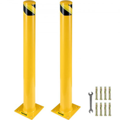 Safety Bollard, 42 Inch Height Bollard Post, 5.5 Inch Diameter Steel Pipe Safety Bollard Post, Yellow Steel Bollard, Steel Safety Bollard with 8 Anchor Bolts, Perfect for Traffic-Sensitive Area