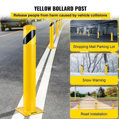 Safety Bollard, 42 Inch Height Bollard Post, 5.5 Inch Diameter Steel Pipe Safety Bollard Post, Yellow Steel Bollard, Steel Safety Bollard with 8 Anchor Bolts, Perfect for Traffic-Sensitive Area