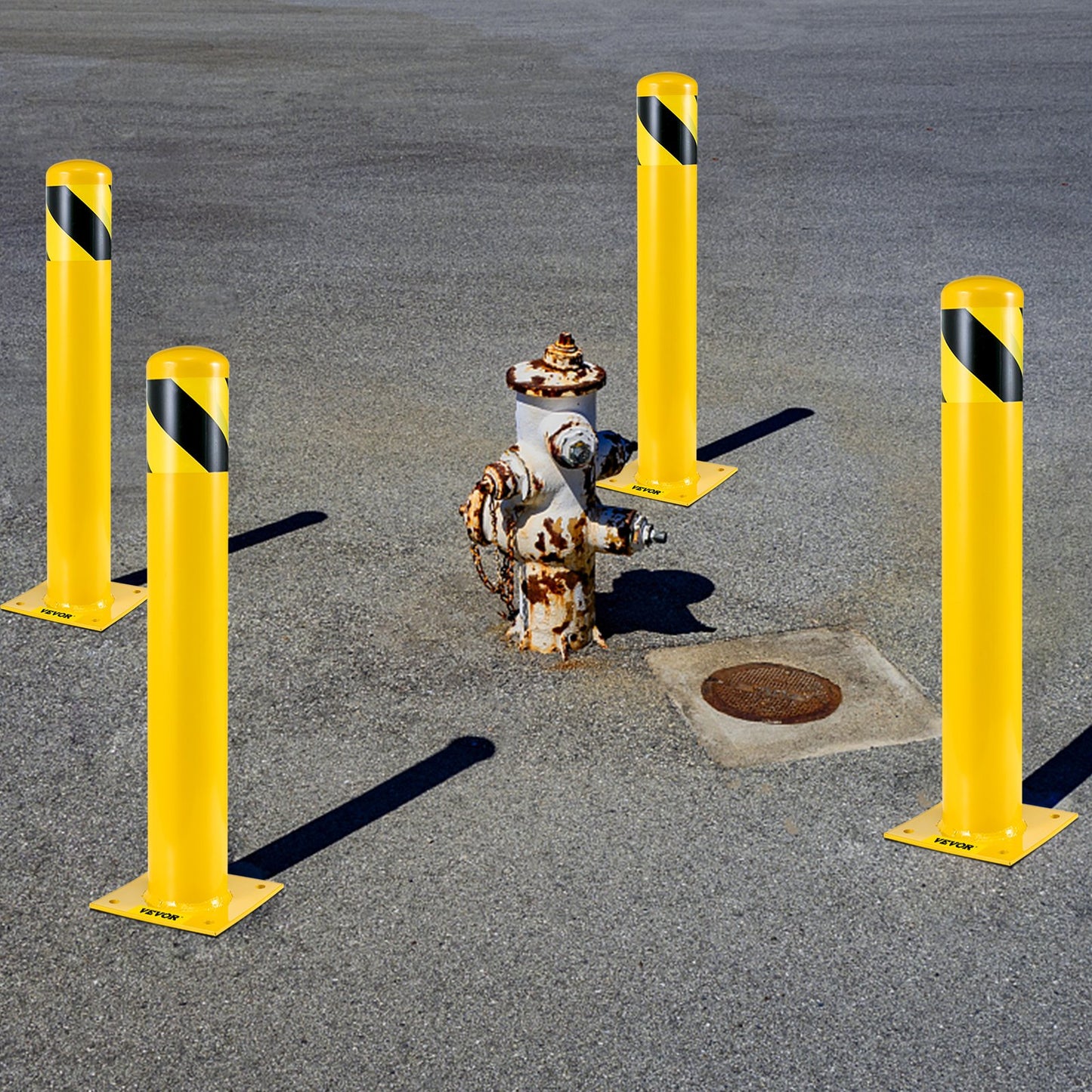 Safety Bollard, 42 Inch Height Bollard Post, 5.5 Inch Diameter Steel Pipe Safety Bollard Post, Yellow Steel Bollard, Steel Safety Bollard with 8 Anchor Bolts, Perfect for Traffic-Sensitive Area