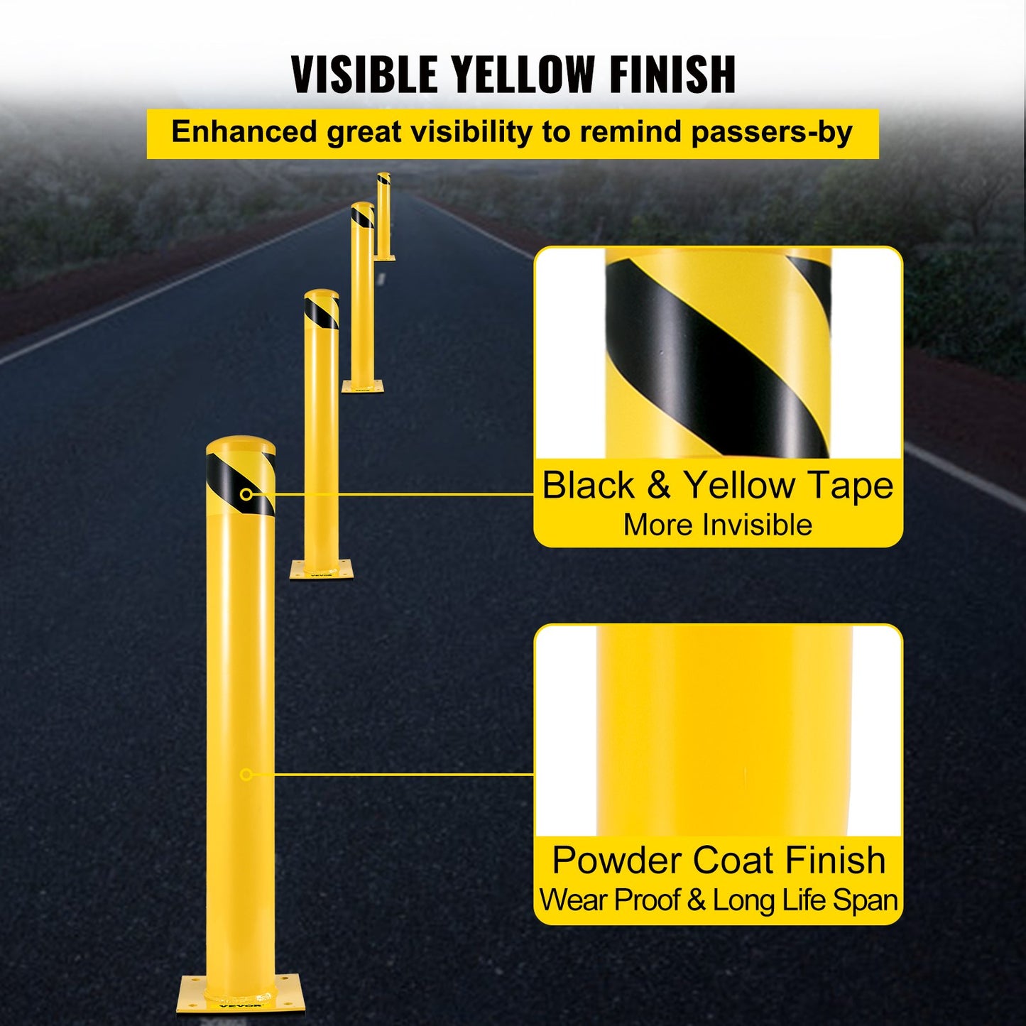 Safety Bollard, 48 Inch Height Bollard Post, 4.5 Inch Diameter Steel Pipe Safety Bollard Post, Yellow Steel Bollard, Steel Safety Bollard with 8 Anchor Bolts, Perfect for Traffic-Sensitive Area