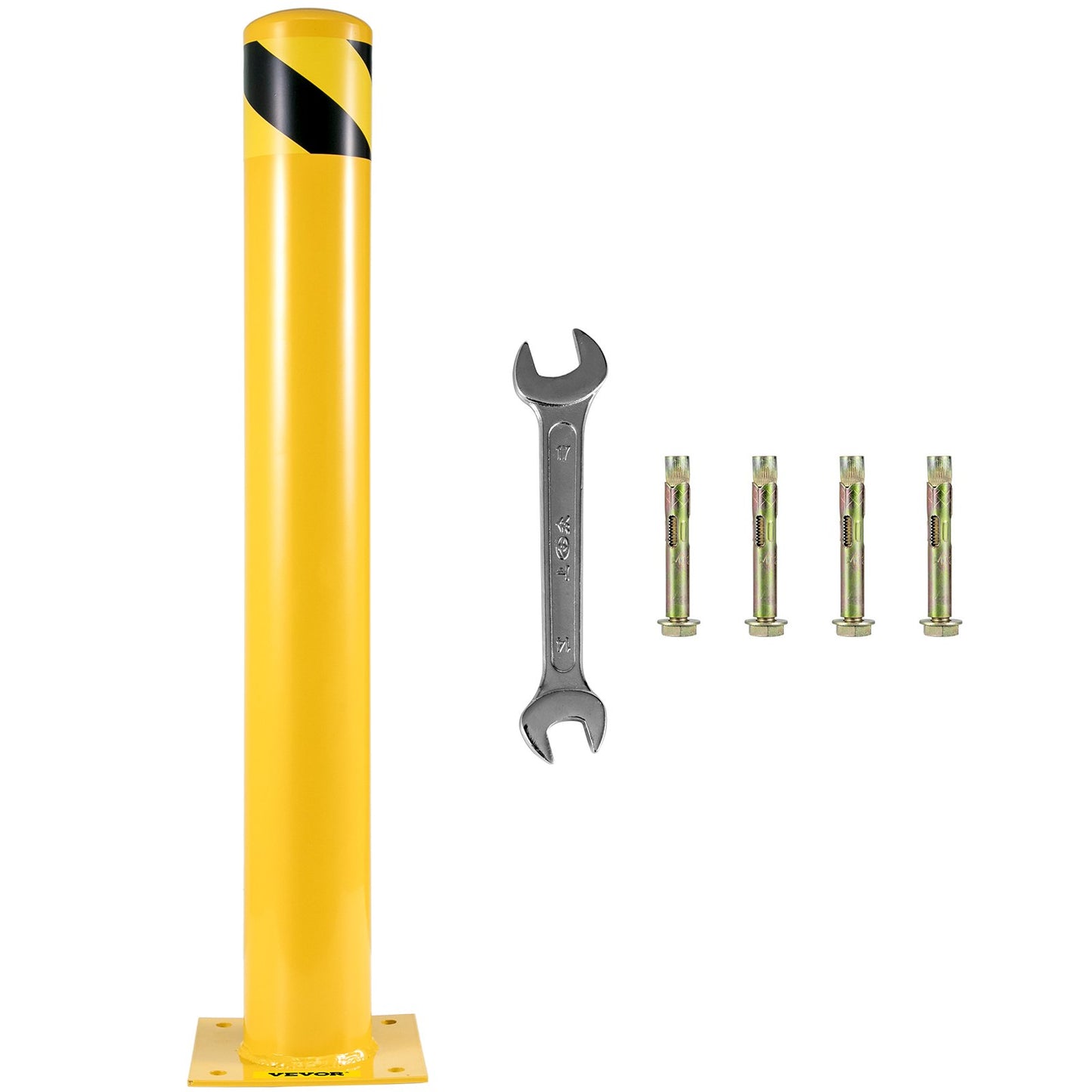Safety Bollard, 48 Inch Height Bollard Post, 4.5 Inch Diameter Steel Pipe Safety Bollard Post, Yellow Steel Bollard, Steel Safety Bollard with 8 Anchor Bolts, Perfect for Traffic-Sensitive Area