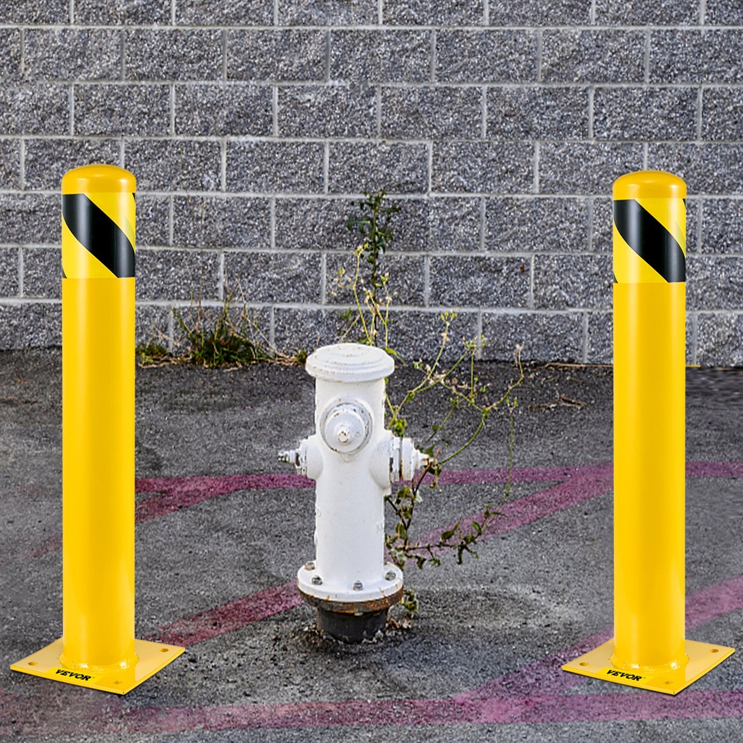 Safety Bollard, 48 Inch Height Bollard Post, 5.5 Inch Diameter Steel Pipe Safety Bollard Post, Yellow Steel Bollard, Steel Safety Bollard with 8 Anchor Bolts, Perfect for Traffic-Sensitive Area
