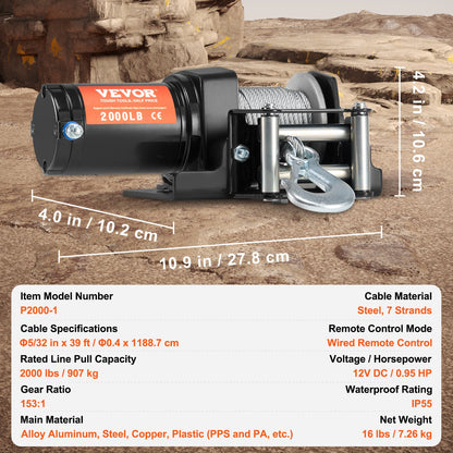 Electric Winch ATV UTV 907.2 kg Steel Cable IP 55 Waterproof Wired Control