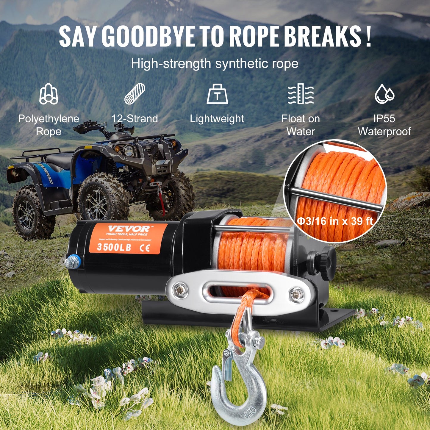 Electric Winch ATV UTV 1587.6 kg Synthetic Rope Waterproof Wired Control