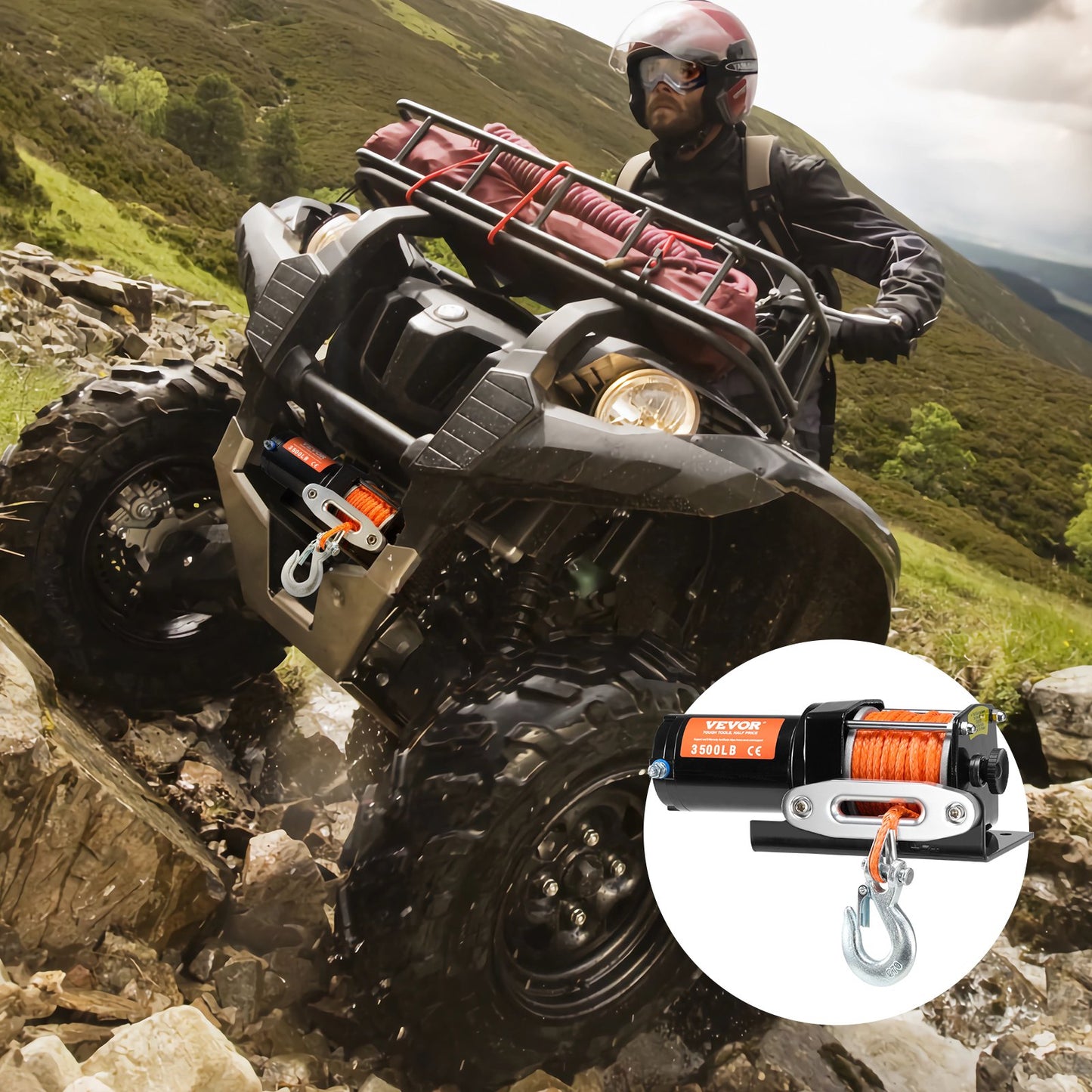 Electric Winch ATV UTV 1587.6 kg Synthetic Rope Waterproof Wired Control