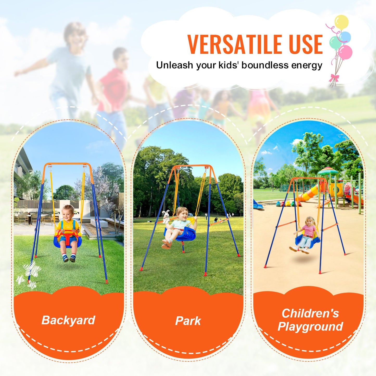 Swing Sets for Backyard, 3-in-1 Toddler Swing Set with 4 Sandbags, Foldable Metal Stand, Easy to Assemble, Swingset Indoor/Outdoor for Kids 3-6 Years, Youth 6-10 Years and Teenagers 10+