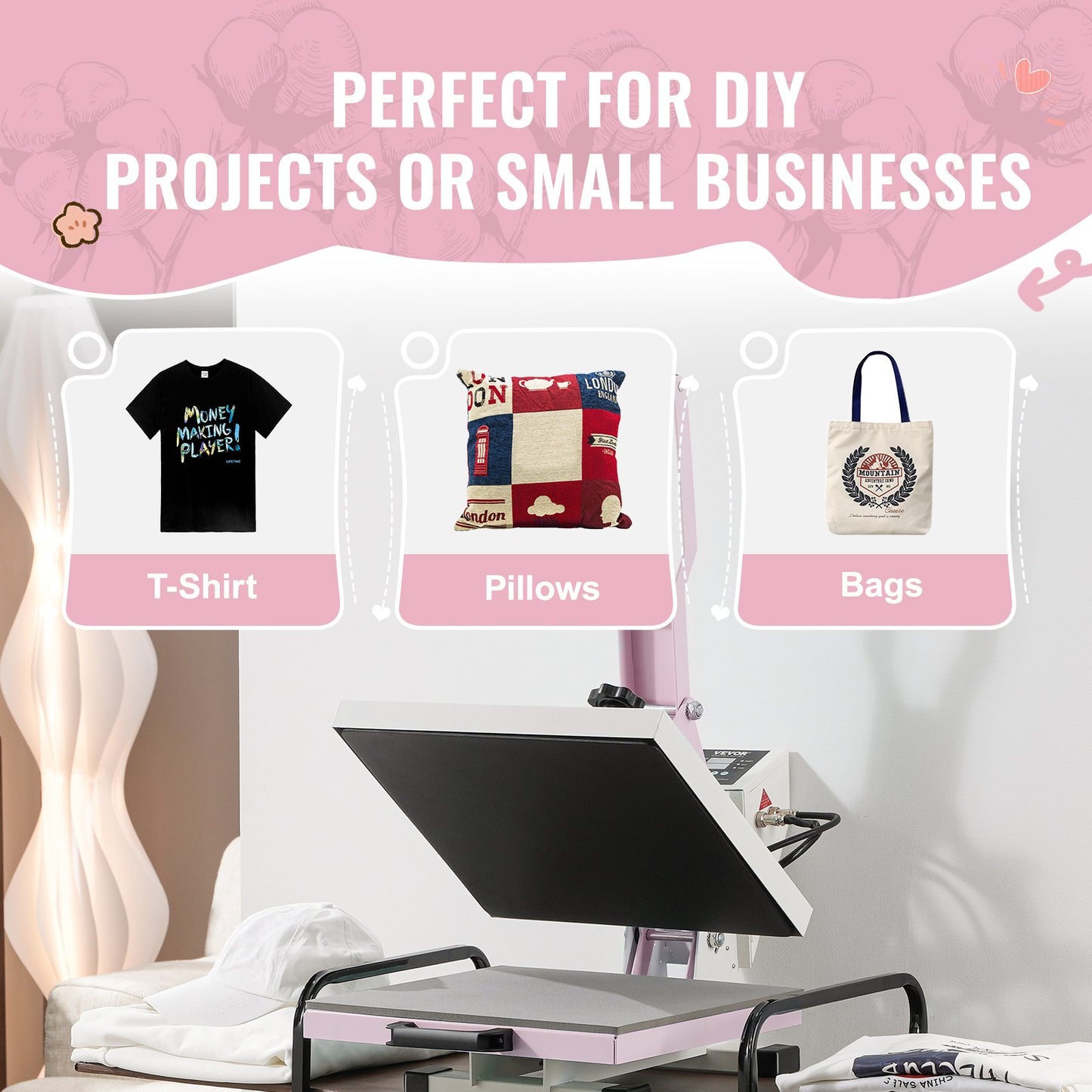 Värmepress 38x38 cm Utdragbar värmeöverföringsmaskin T-shirts Rosa