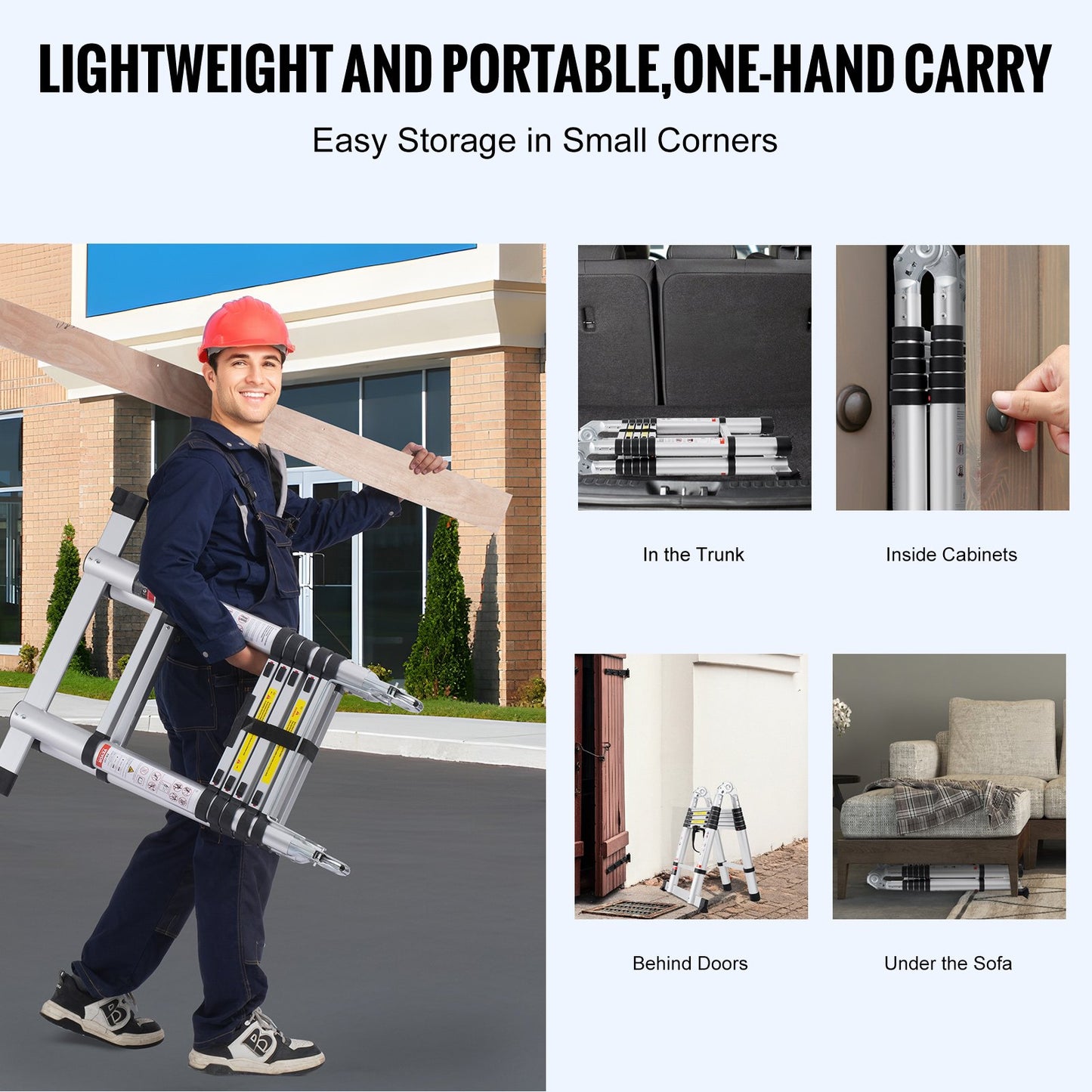 Telescoping Ladder, 12.5FT A-Shape Aluminum Extension Ladder Lightweight, Multi-button Retraction Collapsible Ladder, 375 LBS Capacity w/ Stabilizer Bar, Multi-Purpose Ladders for RV, Camper