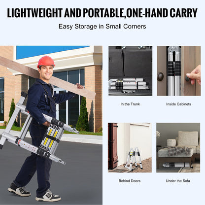 Telescoping Ladder, 12.5FT A-Shape Aluminum Extension Ladder Lightweight, Multi-button Retraction Collapsible Ladder, 375 LBS Capacity w/ Stabilizer Bar, Multi-Purpose Ladders for RV, Camper