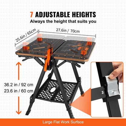 Folding Work Table, 2-in-1 as Sawhorse & Workbench, 1000 lbs Capacity, 7 Adjustable Heights, Steel Legs, Portable Foldable Tool Stand with Wood Clamp, 4 Bench Dogs, 2 Hooks, Easy Garage Storage