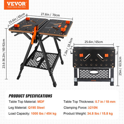 Folding Work Table, 2-in-1 as Sawhorse & Workbench, 1000 lbs Capacity, 7 Adjustable Heights, Steel Legs, Portable Foldable Tool Stand with Wood Clamp, 4 Bench Dogs, 2 Hooks, Easy Garage Storage