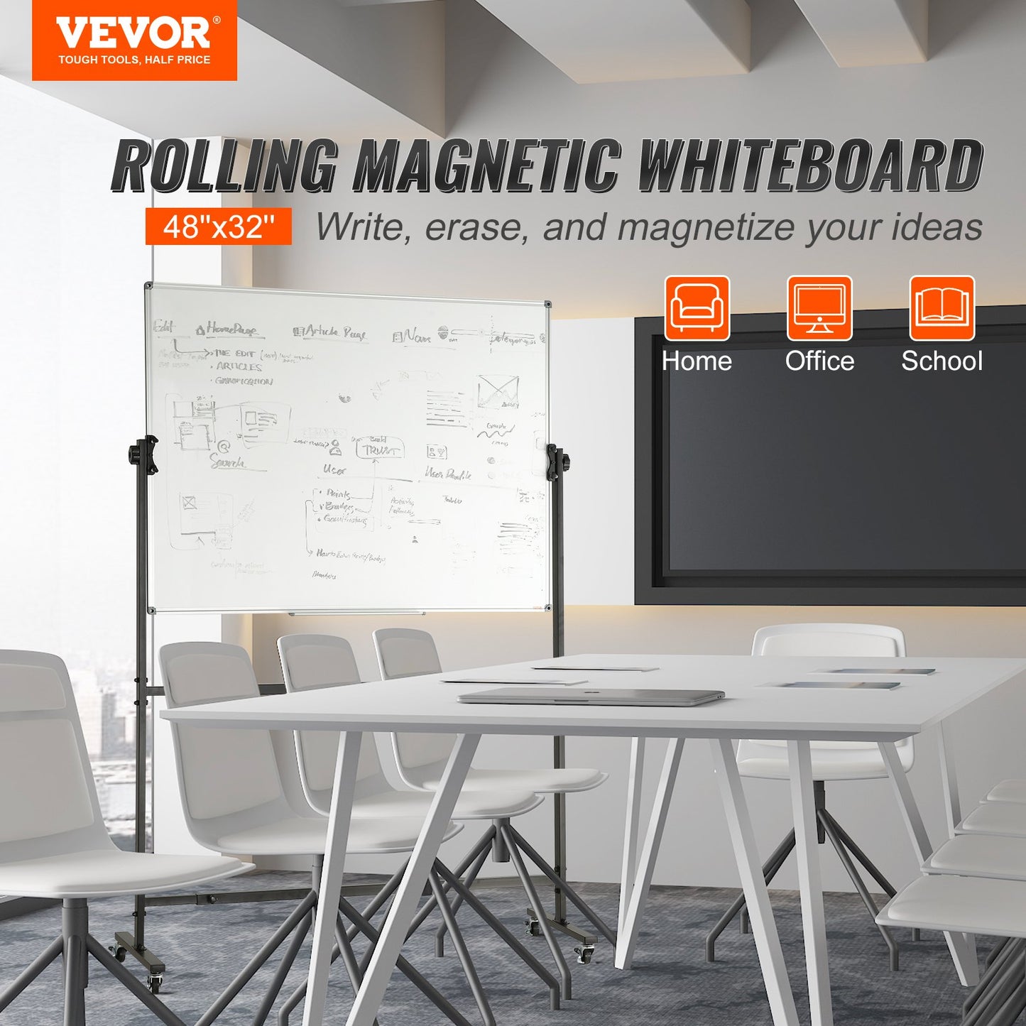 Rolling Whiteboard, 48x32 inch Double-Sided Magnetic Mobile Whiteboard, 360° Reversible Adjustable Height Dry Erase Board with Wheels & Movable Tray for Office School