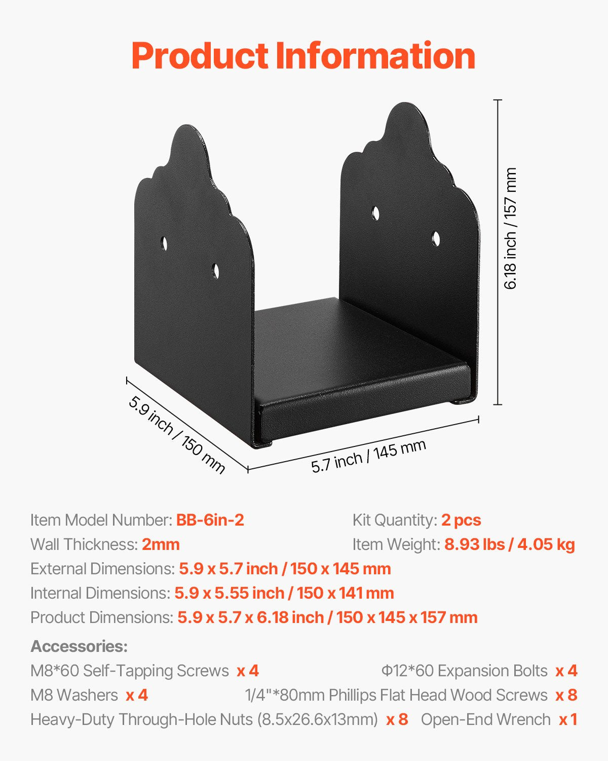 6x6 Post Base 2 Pcs, Inner Size 5.9x5.55 inch / 150x141 mm Post Brackets, Heavy Duty Carbon Steel Decking Posts, Wood Posts Brackets for Pavilion Deck Railing Support Deck Base Plate, Black