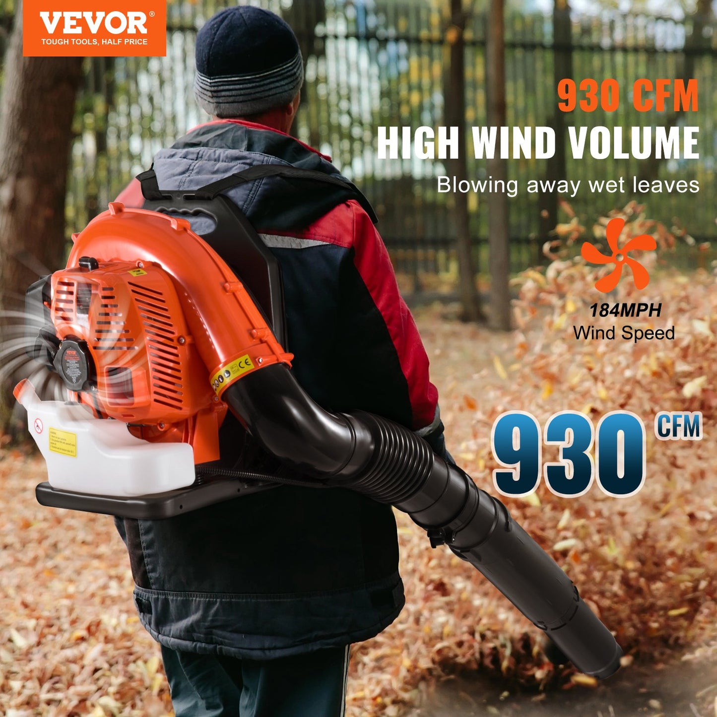 Backpack Leaf Blower, 79CC 2-Cycle Gas Leaf Blower with 3L Fuel Tank, 930CFM Air Volume 184MPH Speed, Ideal for Lawn Care, Leaf Cleaning, and Snow Removal