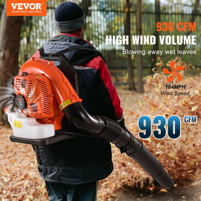 Backpack Leaf Blower, 79CC 2-Cycle Gas Leaf Blower with 3L Fuel Tank, 930CFM Air Volume 184MPH Speed, Ideal for Lawn Care, Leaf Cleaning, and Snow Removal
