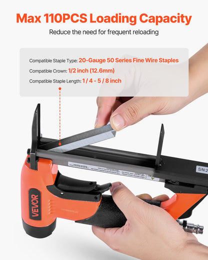 Pneumatic Staple Gun, 20 Gauge Long-Nose Upholstery Stapler for 50 Series Fine Wire Staples 12.8mm Crown 6mm-16mm Length, Max 110PCS Loading Air Staple Gun for Upholstering, Woodworking, DIY