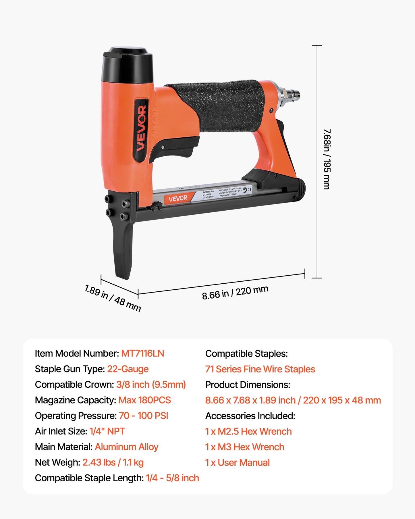 Pneumatisk häftpistol, 22 gauge långspetsad häftpistol för möbelbeklädnad i 71-serien, fintrådshäftklamrar, 9,5 mm krona, 6 mm-16 mm längd, max 180 st. lufthäftpistol för möbelbeklädnad, träbearbetning, gör-det-själv