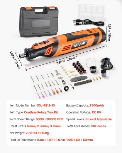136-Piece Cordless Rotary Tool Kit, DC8V Portable Mini Power Rotary Tool, 5 Speeds 5000-30000RPM Multi-Purpose DIY Tools for Engraving, Sanding, Polishing, Carving, Grinding, Cutting, DIY Craft