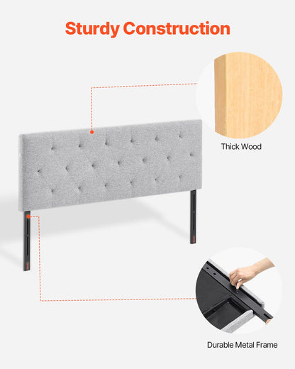 Huvudgavel, fullstor huvudgavel med justerbar höjd, bekväm diamantformad kupa för fullstor säng, B 56,3 x H (35,6-47,4) tum, perfekt för sovrum, hotell, hemvistelse, sovsal, ljusgrå