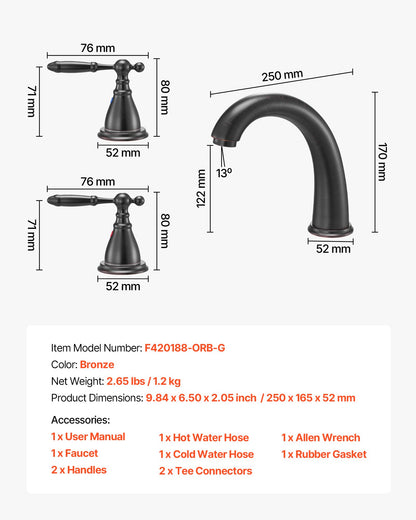 Romersk badkarsblandare, badkarsblandare med svanhals och 2 handtag, romerska badkarsblandare för däckmontering för babyvård, vuxenbad, badkarsblandare med 3 hål och vattenfall, brons, design med hög båge
