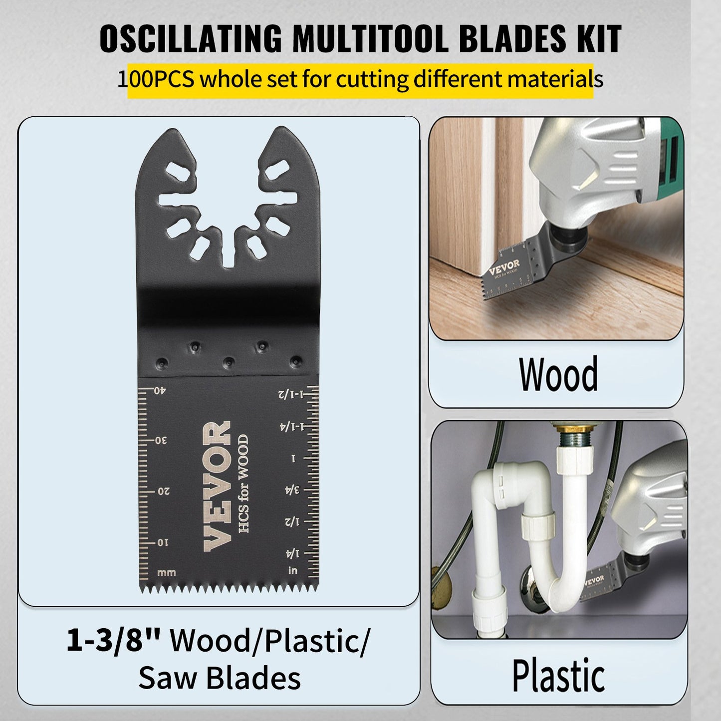 100PCS Oscillating Saw Blades, Quick Release Multitool Blades Kit, HCS Tool Blades for Wood Plastic, Compatible with Dewalt Dremel Fein Worx Bosch Makita Milwaukee
