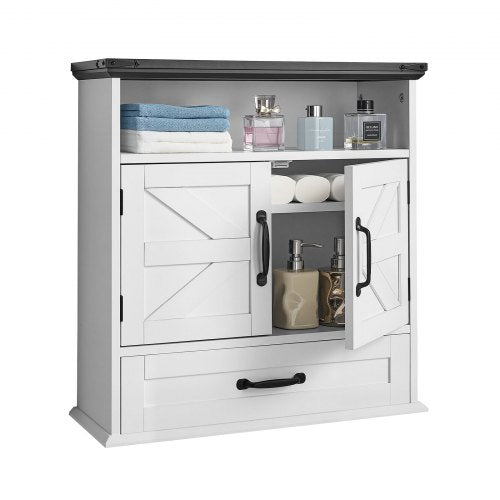 Bathroom Wall Cabinet, 2 Doors & Adjustable Shelf, Over the Toilet Storage Medicine Cabinet Wall Mounted, Hanging Organizer with Drawer & Open Partition for Laundry Room Kitchen Restroom, White