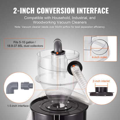 Cyclone Dust Separator, 4" Retrofit Cyclone Separator for Dust Collectors, ABS Dust Deputy With 2" Hole O.D. Connector & Hose for Wet/Dry Shop Vacuums, Fits 18.9-37.85L Tank (Tank Exclude)
