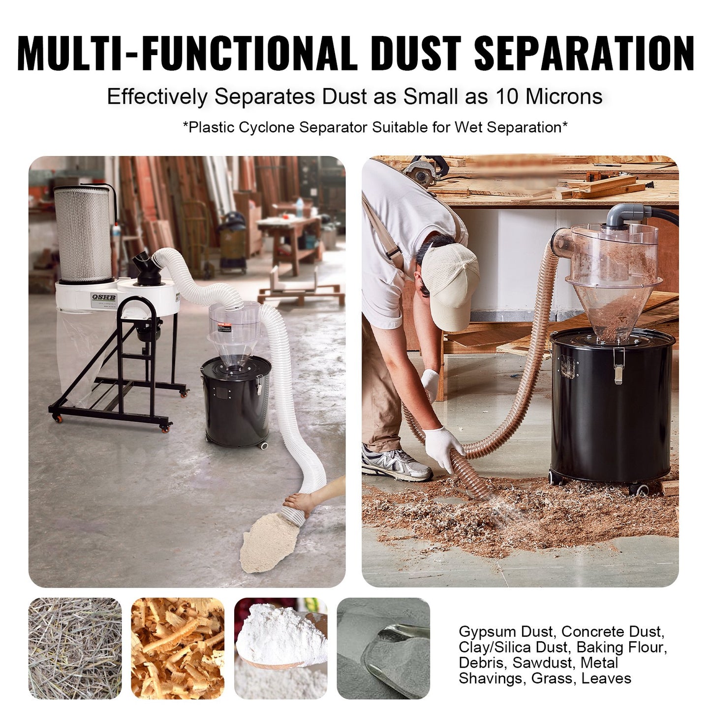 Cyclone Dust Separator, 4" Retrofit Cyclone Separator for Dust Collectors, ABS Dust Deputy With 2" Hole O.D. Connector & Hose for Wet/Dry Shop Vacuums, Fits 18.9-37.85L Tank (Tank Exclude)