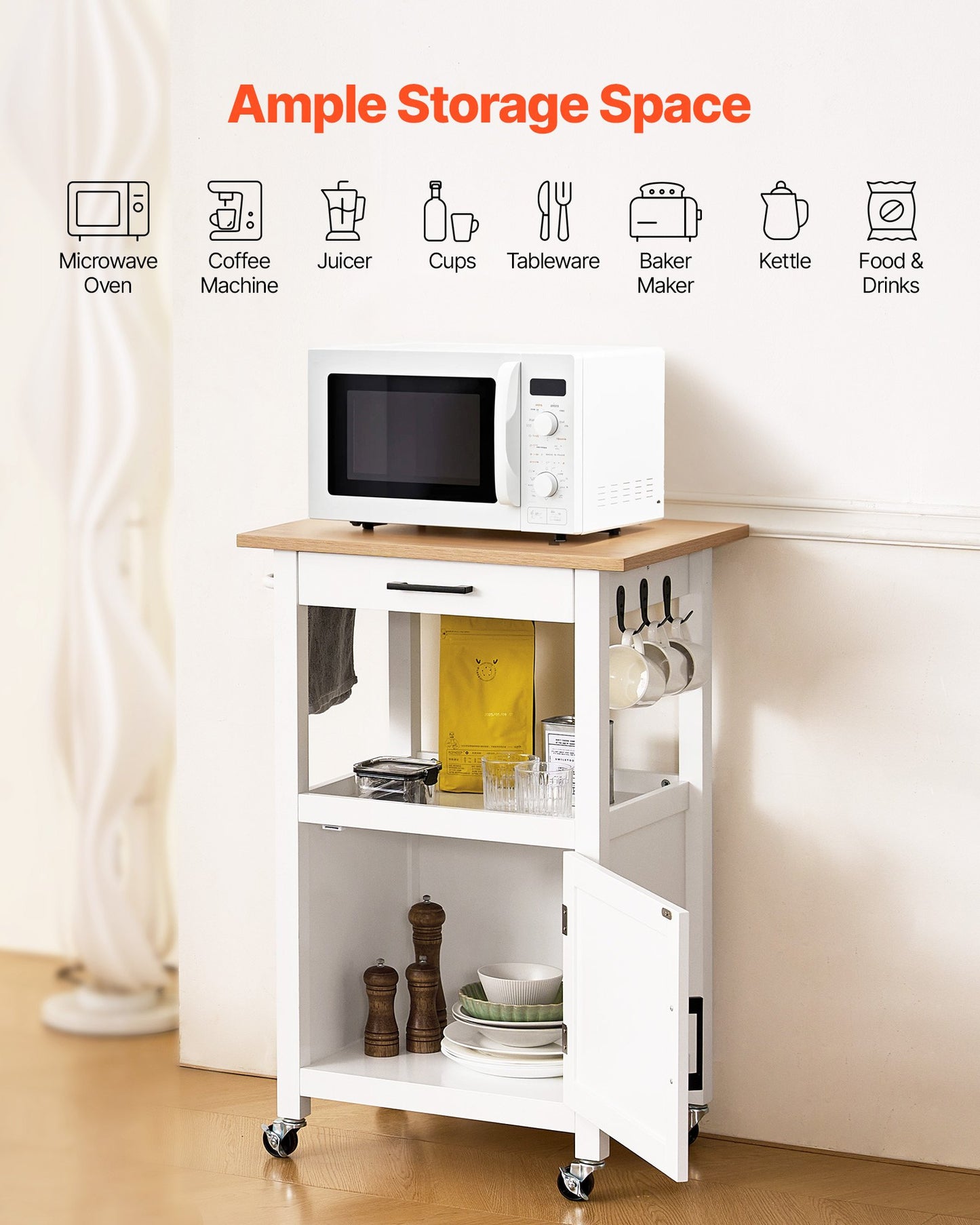Kitchen Island Cart with Single Door Cabinet, Mobile Carts with Drawer, Towel Rack, Hooks, Portable Table on Swivel Wheels, Small Coffee Islands Microwave Stand for Dining Room, 45x59cm, White